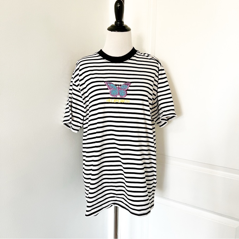 Obey Black and White Striped Butterfly Embroidered Hell on Earth Tee - medium